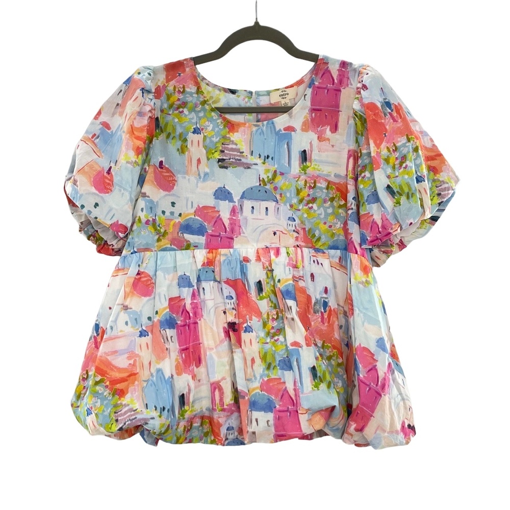 entro Multicolor Painterly Print Puff Sleeve Blouse